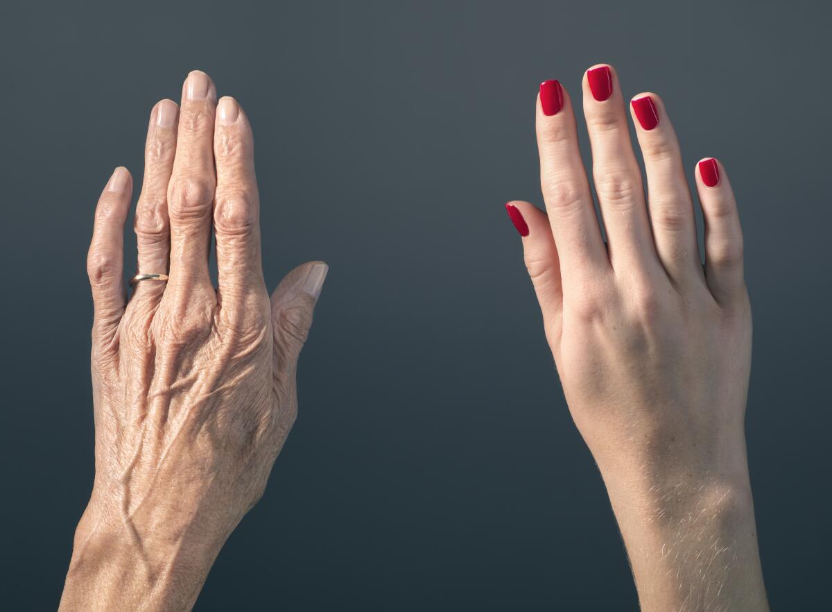 Studio photograph of an old woman's hand next to a young woman's hand. 