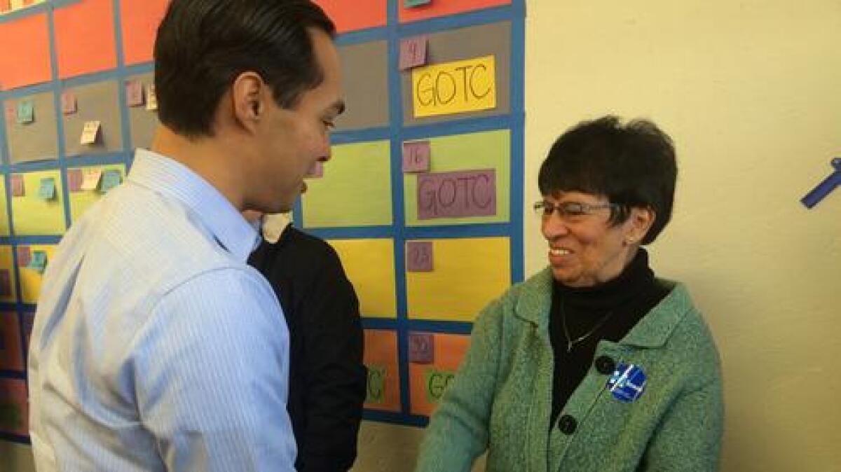 Julian Castro greets Sister Irene Muñoz, a Hillary Clinton volunteer, at a campaign event in Ottumwa, Iowa, on Sunday.