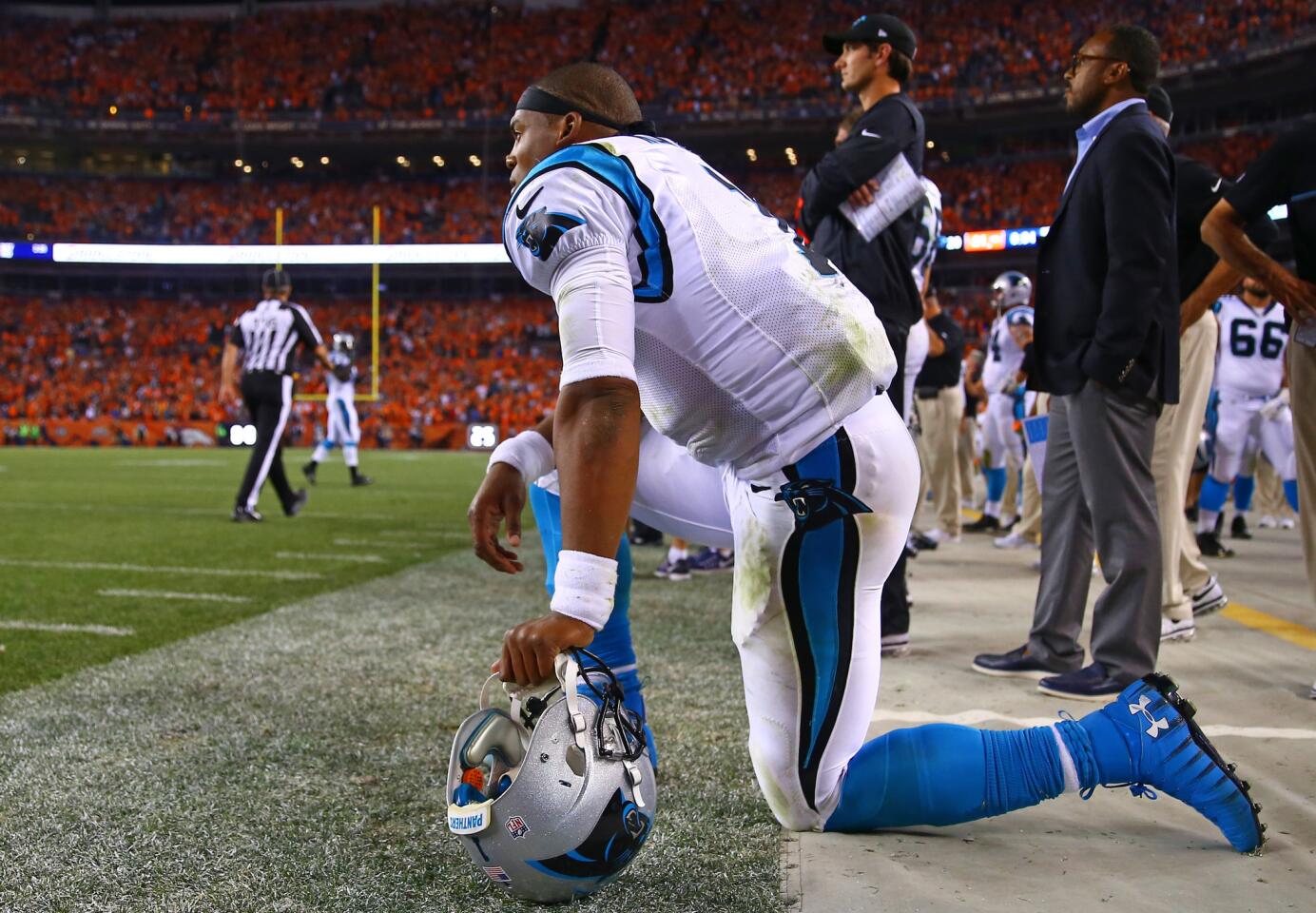Sep 8, 2016; Denver, CO, USA; Carolina Panthers quarterback Cam Newton (1) reacts in the closing seconds of the game against the Denver Broncos at Sports Authority Field at Mile High. The Broncos defeated the Panthers 21-20. Mandatory Credit: Mark J. Rebilas-USA TODAY Sports ** Usable by SD ONLY **