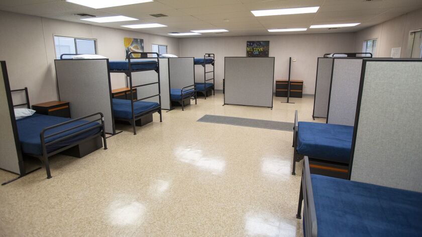 A dormitory at a new 224-bed homeless shelter in Anaheim. The city opened the shelter Friday and another new facility is expected to open in spring.