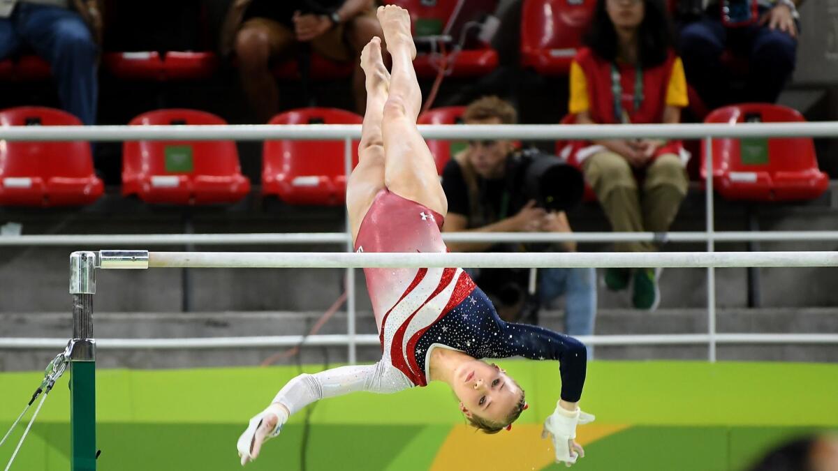 U.S. gymnast Madison Kocian competes on the uneven bars during the 2016 Olympics.