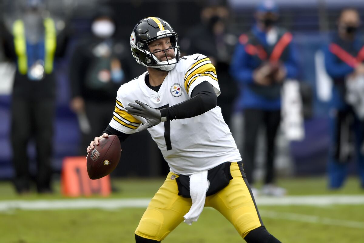 Pittsburgh Steelers quarterback Ben Roethlisberger throws a pass against the Baltimore Ravens during the first half of an NFL football game, Sunday, Nov. 1, 2020, in Baltimore. (AP Photo/Gail Burton)
