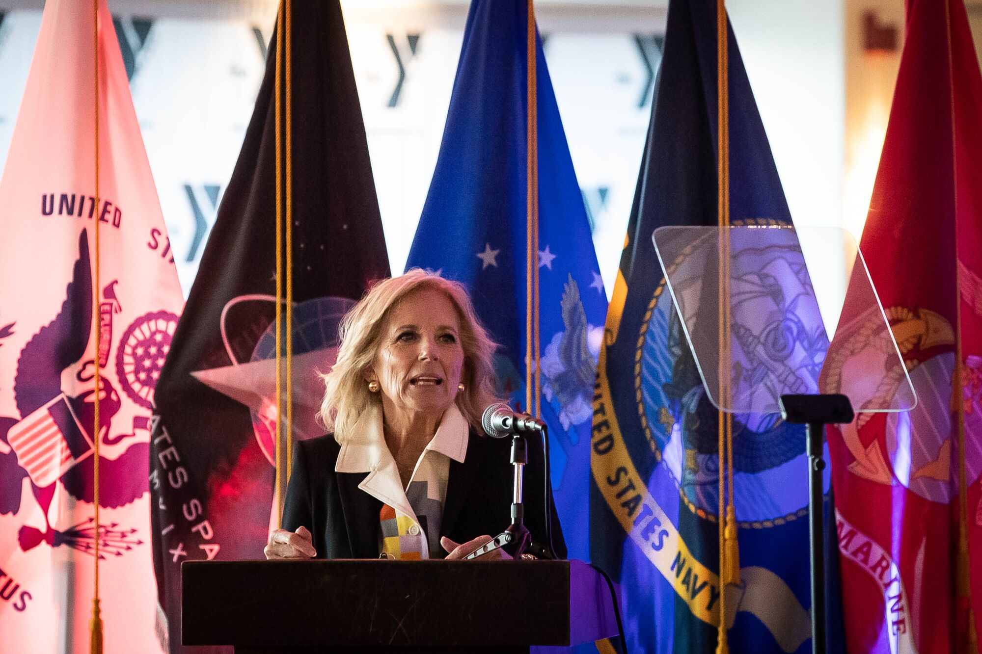 First Lady Dr. Jill Biden speaks at the Admiral Kidd Catering & Conference Center on Friday.