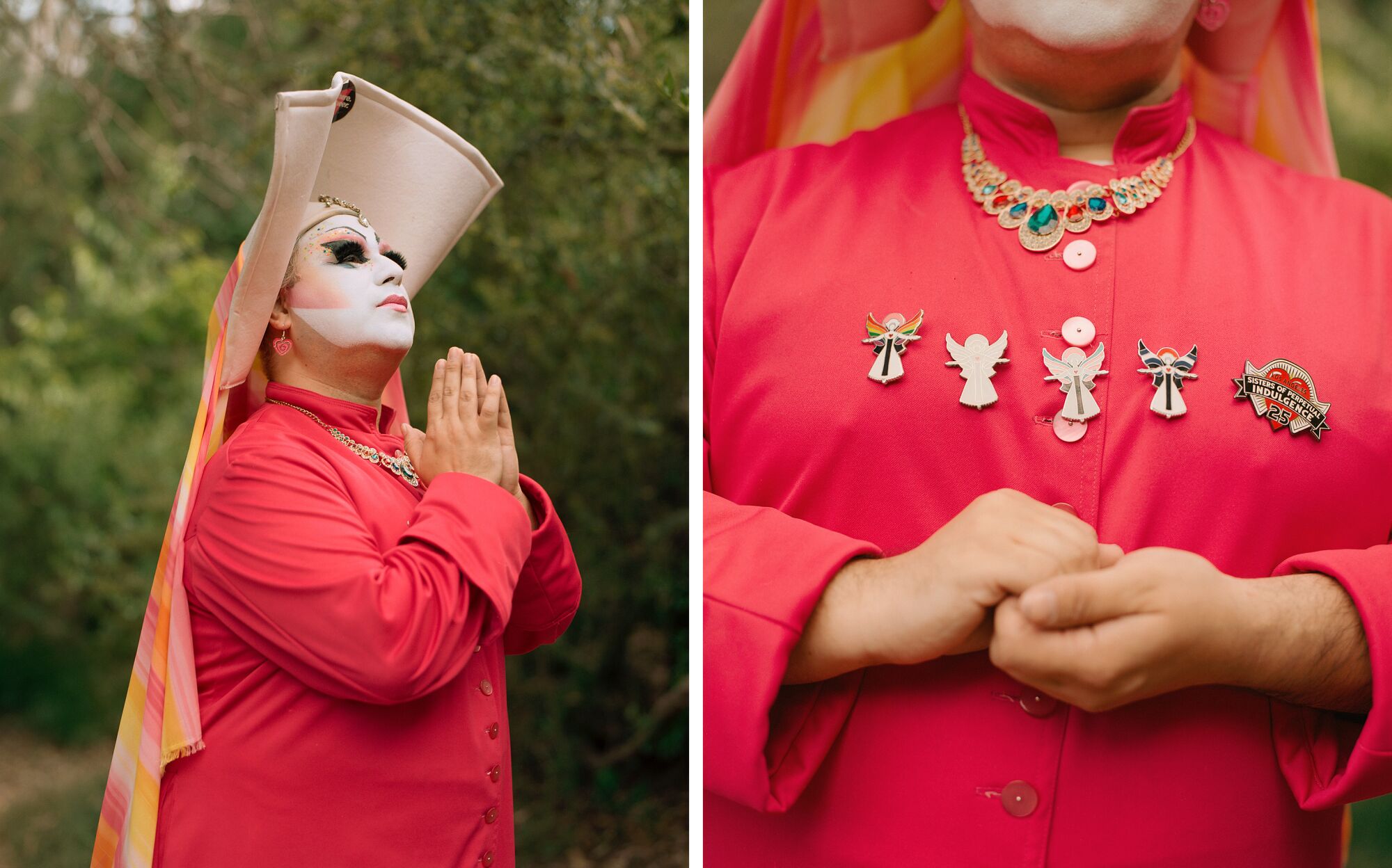 Side-by-side photos of a drag nun in red, hands clasped in prayer, and a close-up of brooches on the nun's chest.