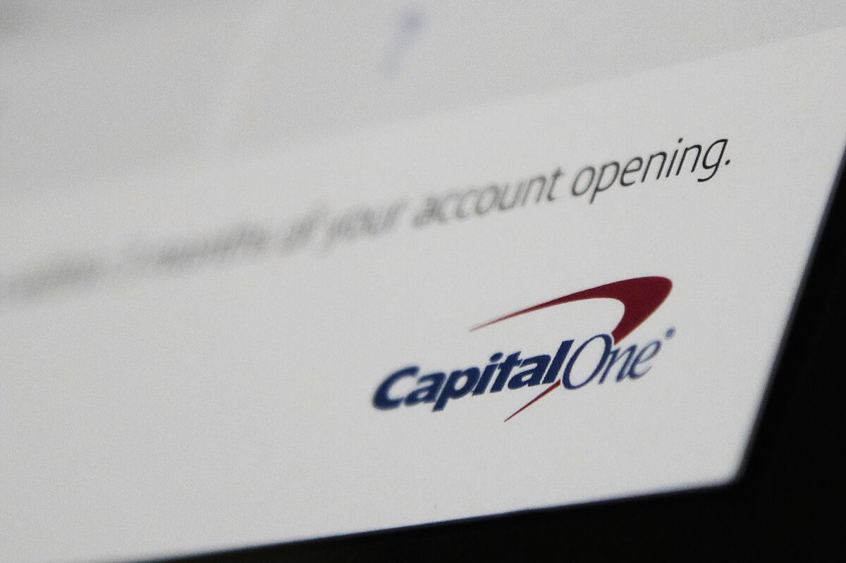 FILE - This July 22, 2019, file photo, shows Capital One mailing in North Andover, Mass. The U.S. Treasury Department has fined Capital One $80 million for careless network security practices that enabled a hack that accessed the personal information of 106 million of the bank’s credit card holders. (AP Photo/Elise Amendola, File)