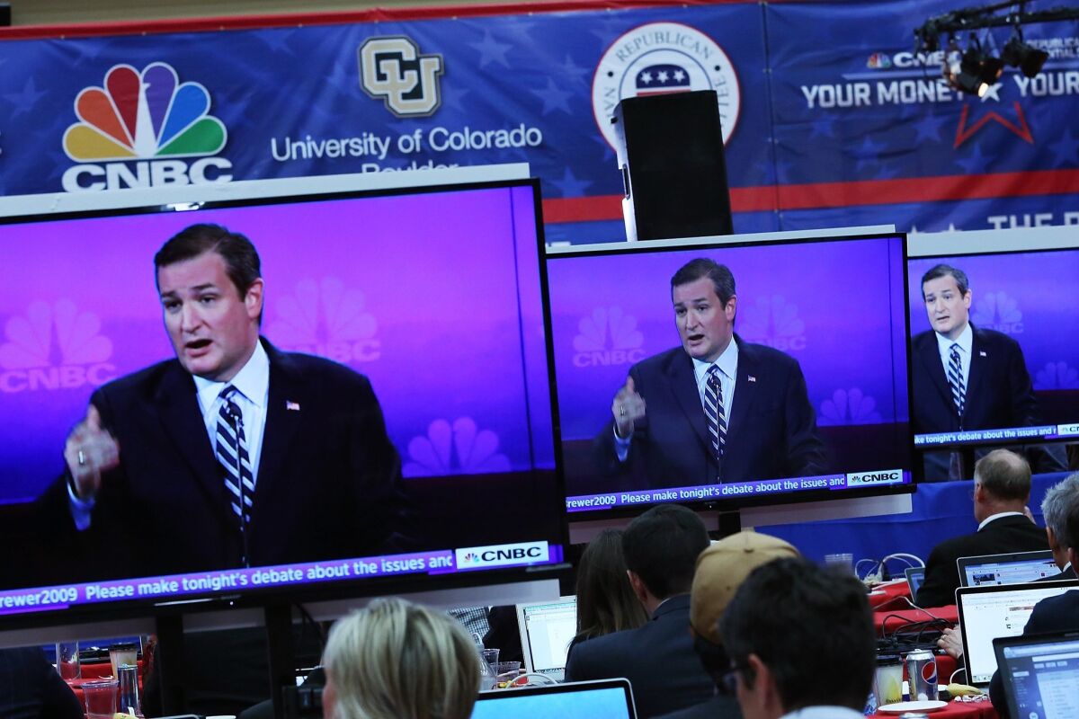 Sen. Ted Cruz (R-Texas), seen from the press room during the CNBC Republican presidential debate on Oct. 28, when he made a pitch to return the U.S. to the gold standard.
