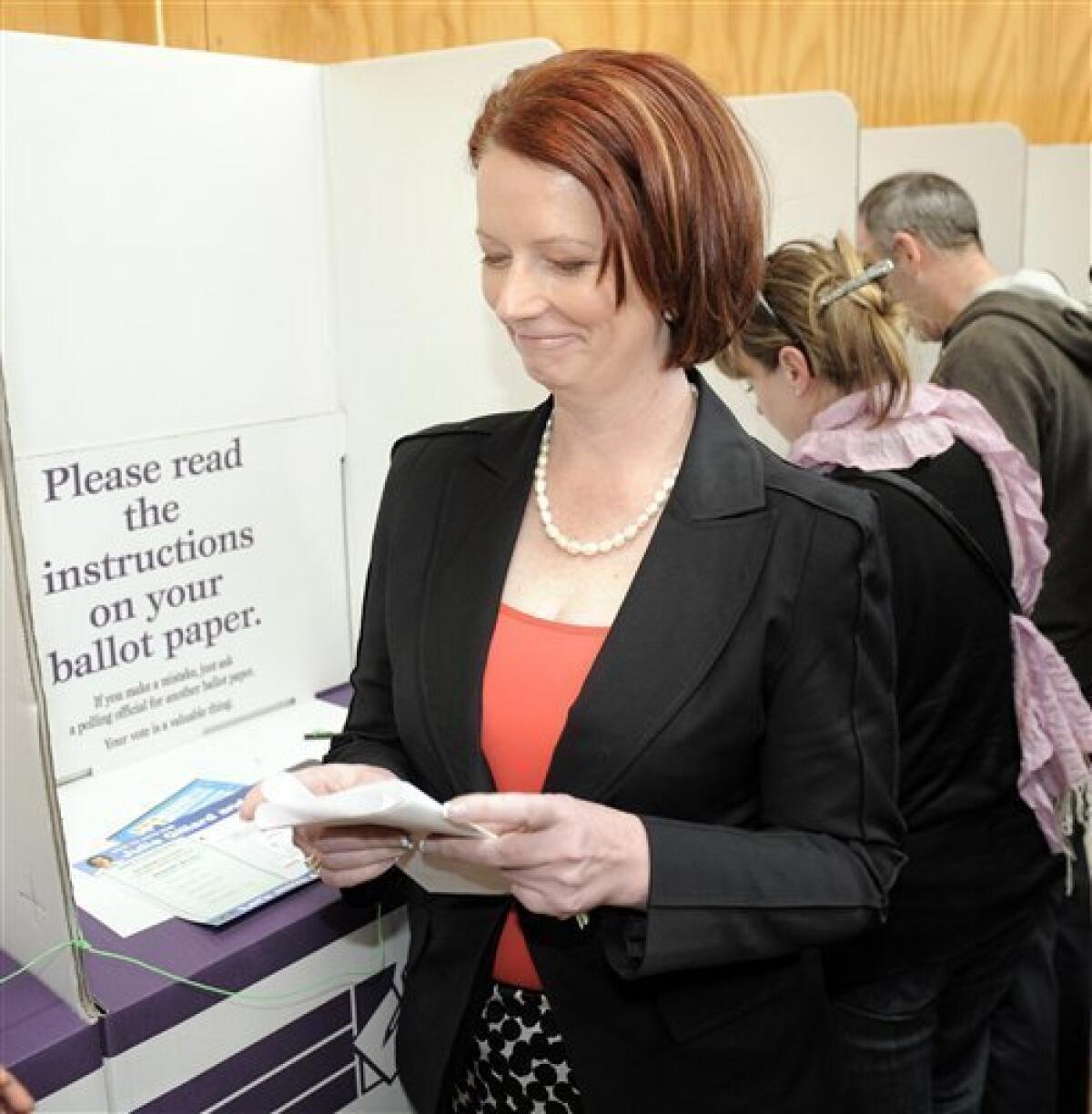 Australian Prime Minister Julia Gillard votes at the Seabrook Primary School in Melbourne, Saturday, Aug. 21, 2010. (AP Photo/Mark Graham)