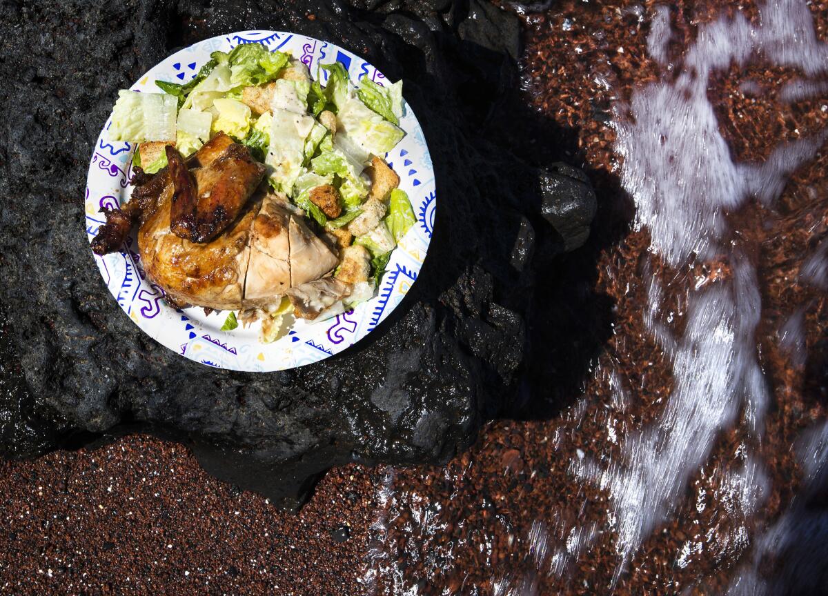 A half chicken with caesar salad, $12, is on the menu at Huli Huli Chicken, located at Koki Beach in Hana, Hawaii.