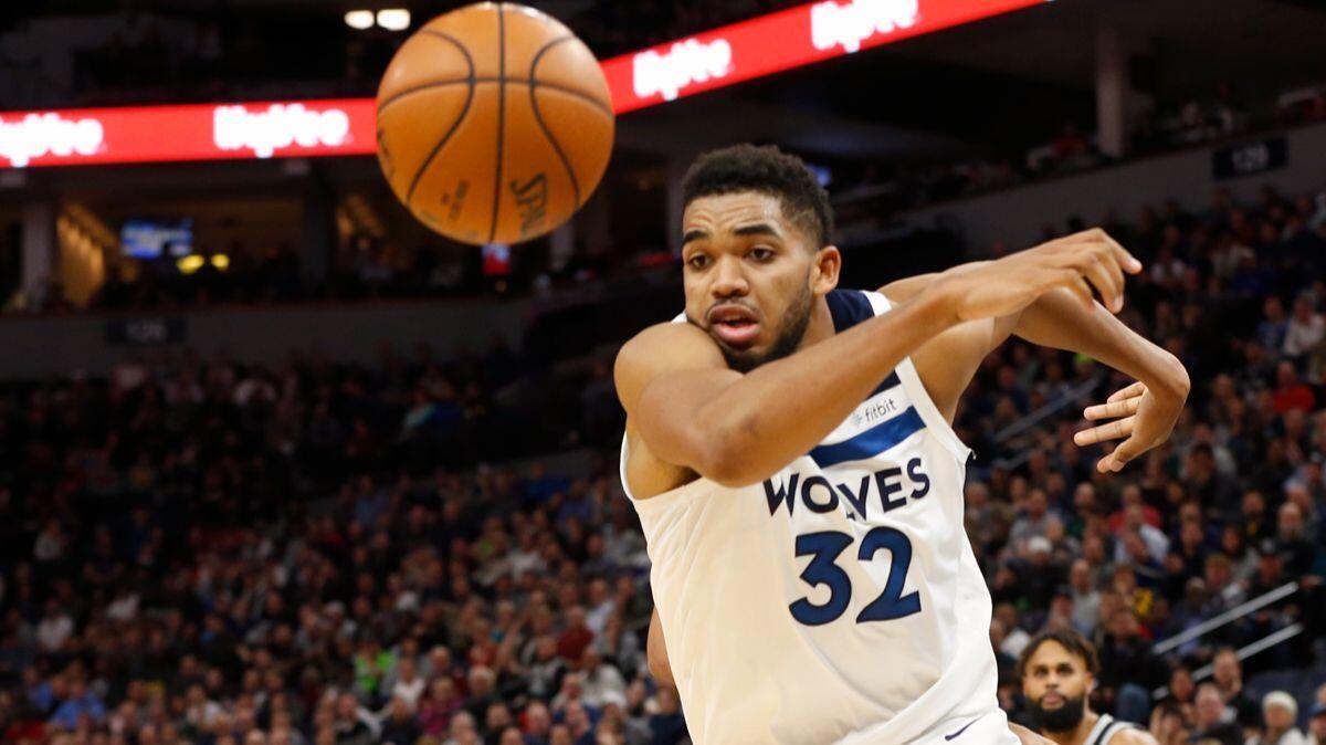 Minnesota Timberwolves' Karl-Anthony Towns plays against the San Antonio Spurs in the second half on Wednesday.