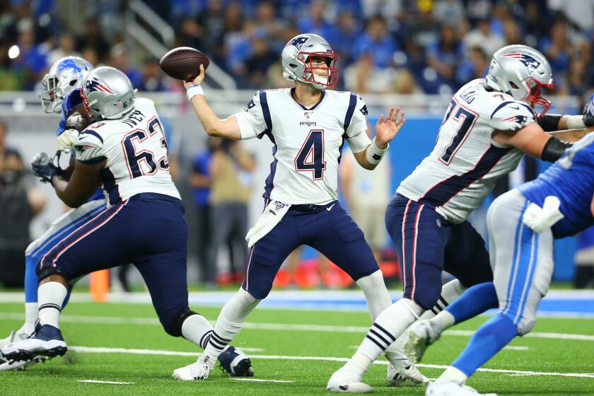 DETROIT, MI - AUGUST 08: Jarrett Stidham #4 of the New England Patriots drops back to pass during the second quarter of the game against the Detroit Lions during the preseason game at Ford Field on August 8, 2019 in Detroit, Michigan. (Photo by Rey Del Rio/Getty Images)