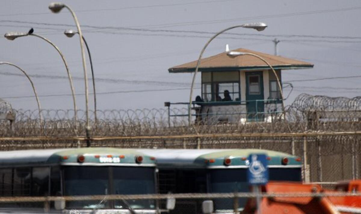 A guard tower at the California state prison in Chino, where 12 inmates have died after testing positive for COVID-19