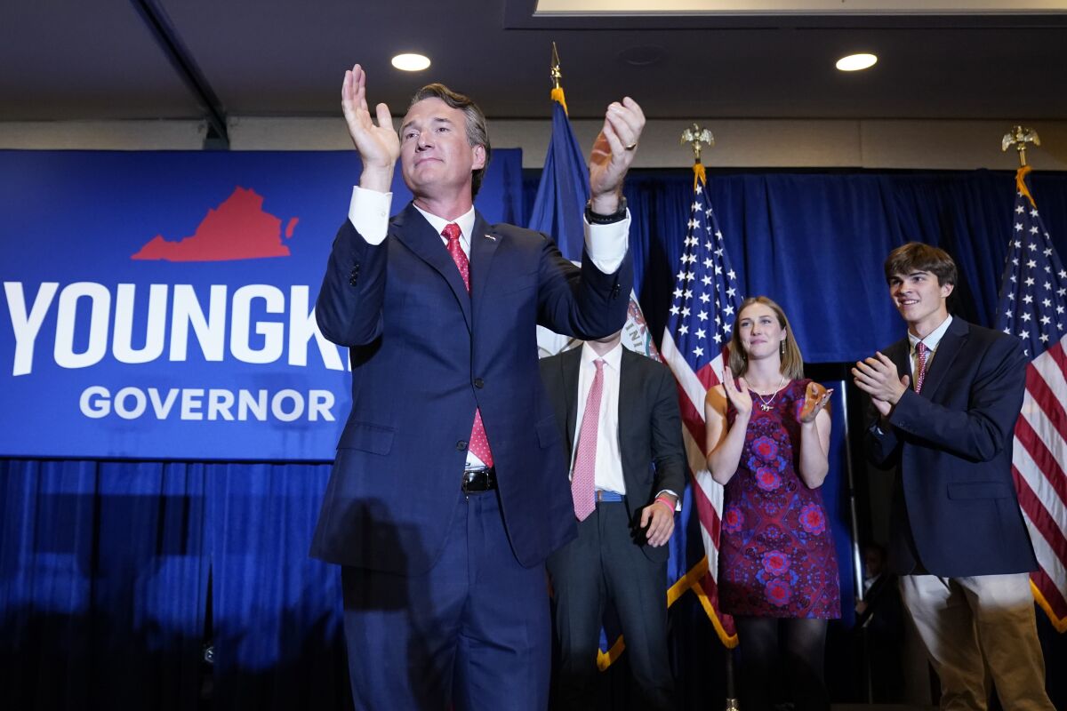 Virginia Gov.-elect Glenn Youngkin arrives to speak at an election night party in Chantilly, Va., early Wednesday, Nov. 3, 2021, after he defeated Democrat Terry McAuliffe. (AP Photo/Andrew Harnik)