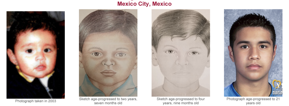 Photo of 2-year-old boy, two drawings of a young boy, an image of an adult man.
