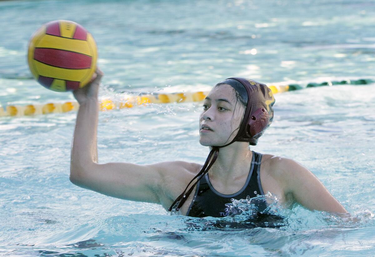 La Canada's Beatriz Untalan takes a shot and scores after finding herself open on a fast break against Monrovia in a Rio Condo League girls' water polo game at La Canada High School on Thursday, January 23, 2020.
