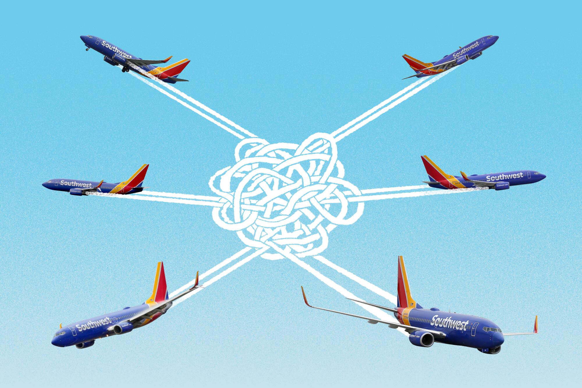 Photo illustration of six Southwest airplanes entangled in their own condensation trails