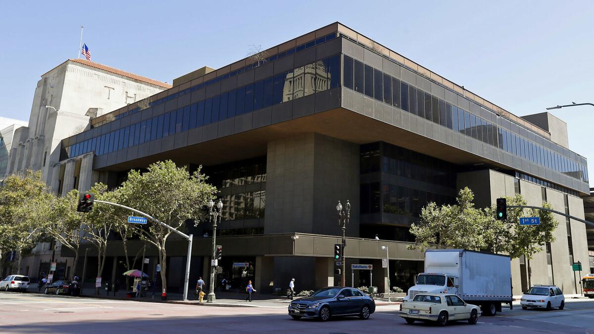 Preservationists are applying for city landmark status for the former Times Mirror headquarters at 1st Street and Broadway in downtown Los Angeles. Above, the 1973 addition designed by William Pereira.