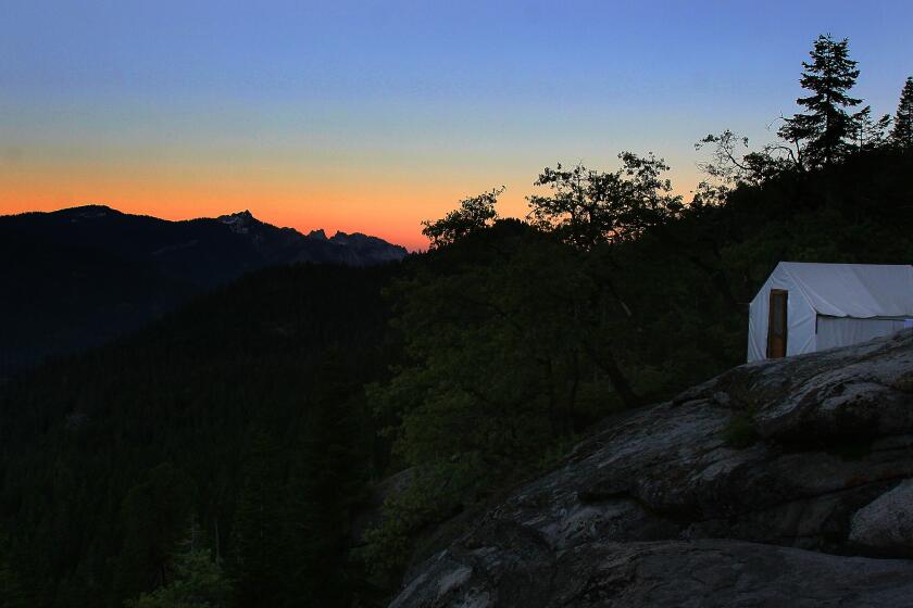 Bearpaw Meadow High Sierra Camp's Tent 4 at dawn in the Sierra Nevada Mountains. Bearpaw Meadow High Sierra Camp, located 11.5 miles into the Sequoia National Park backcountry, is on the hit list of some environmentalists. The camp features hot showers, comfy beds and three meals a day, but some people think this kind of operation has no place in the wilderness. (Photo by Brian Vander Brug/Los Angeles Times via Getty Images)