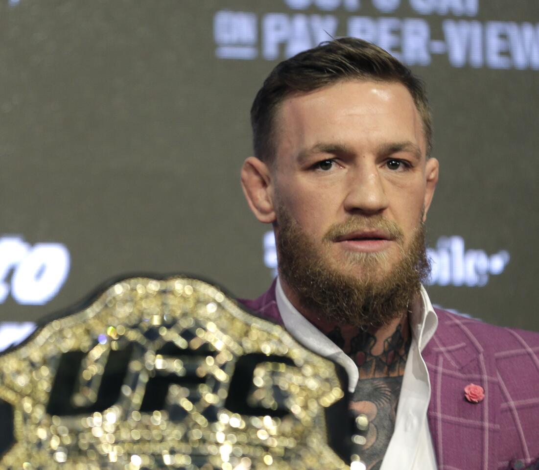 Conor McGregor participates in a news conference in New York, Thursday, Sept. 20, 2018. McGregor is returning to UFC after a two-year absence. He fights undefeated Khabib Nurmagomedov on Oct. 6. (AP Photo/Seth Wenig)