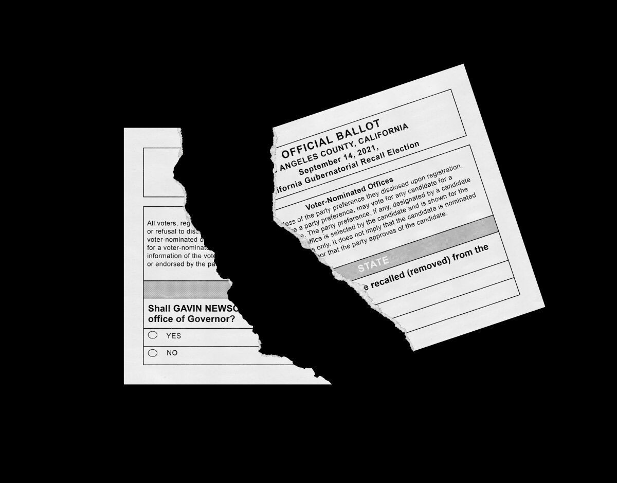Illustration of a ballot ripped up in half; the rip is the shape of California.