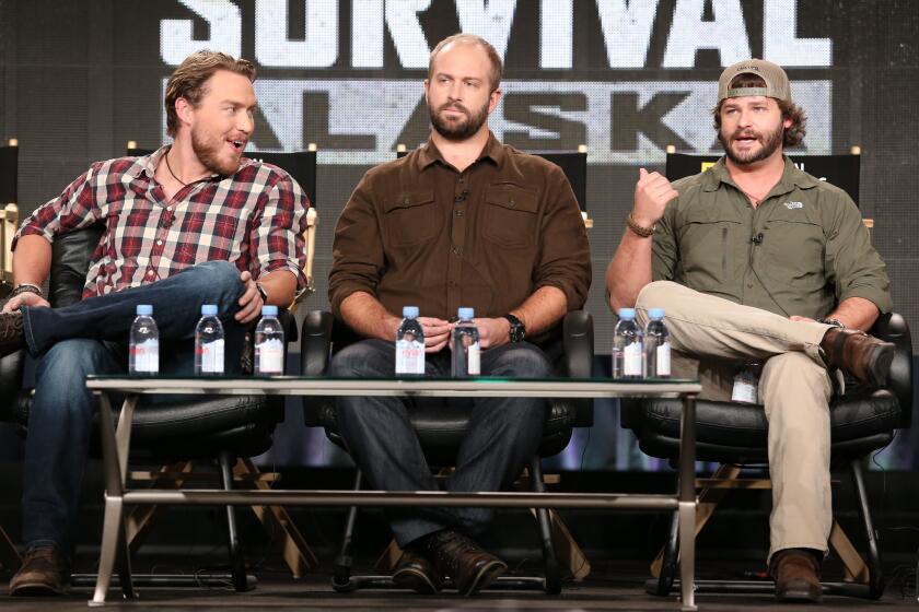 Grady Powell, Jared Ogden and Daniel Dean of National Geographic's 'Ultimate Survival Alaska' speak onstage during the 2015 Winter Television Critics Association press tour at the Langham Huntington Hotel & Spa in Pasadena.