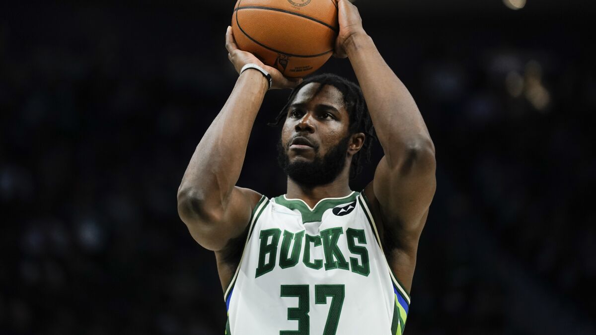 Semi Ojeleye prepares to shoot while playing for the Milwaukee Bucks earlier this season.