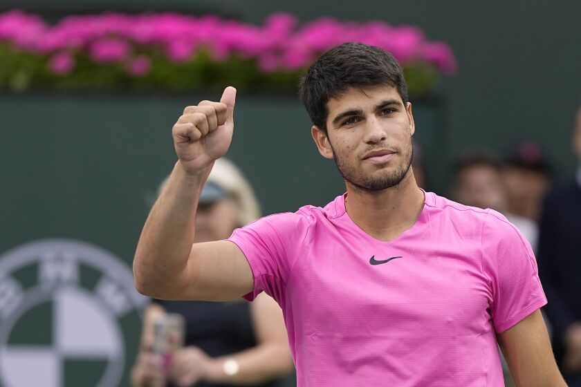 Carlos Alcaraz, of Spain, celebrates after defeating Daniil Medvedev, of Russia, in the men's singles final at the BNP Paribas Open tennis tournament Sunday, March 19, 2023, in Indian Wells, Calif. (AP Photo/Mark J. Terrill)