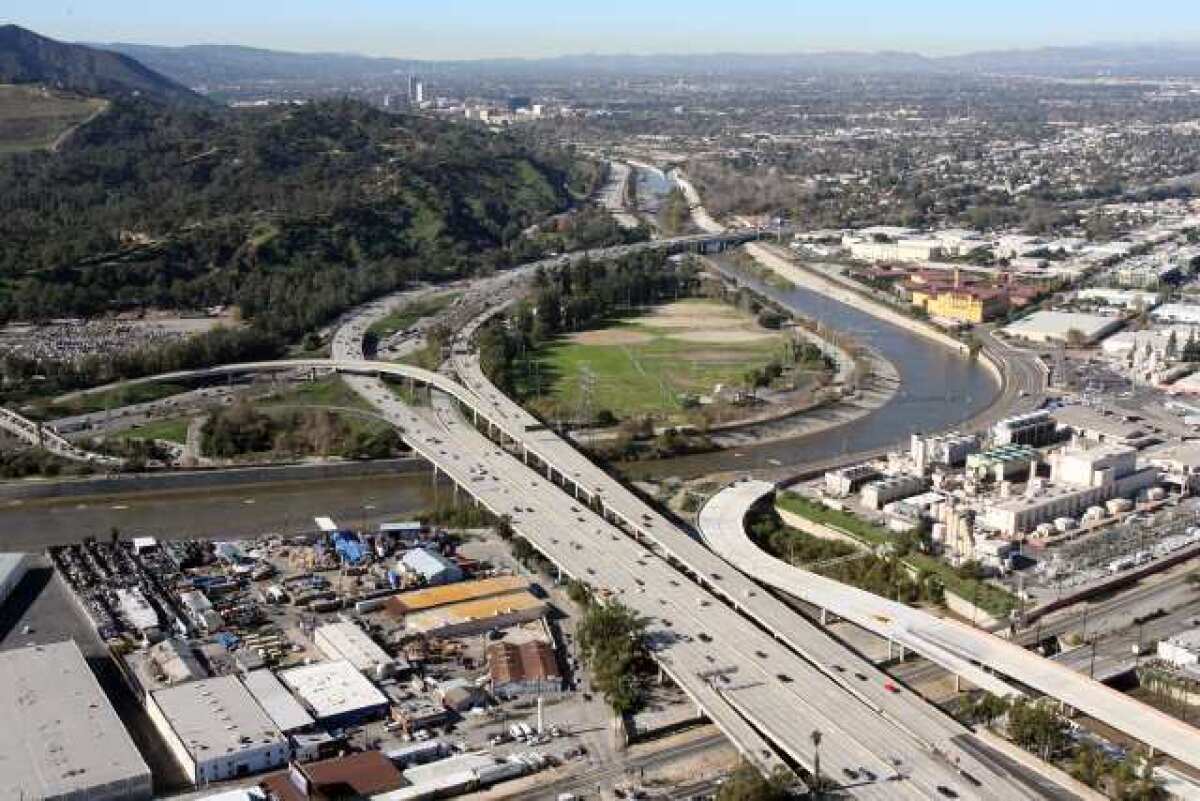 Aerial view looking west over Glendale toward Los Angeles and Burbank at the intersection of 134 Freeway and Interstate 5.