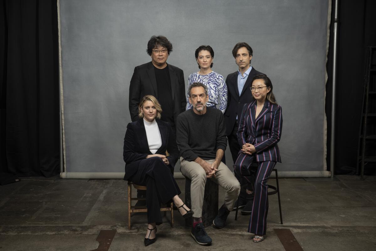 Directors Bong Joon Ho, Marielle Heller and Noah Baumbach (back row), Greta Gerwig, Todd Phillips and Lulu Wang at The Times’ Envelope roundtable.