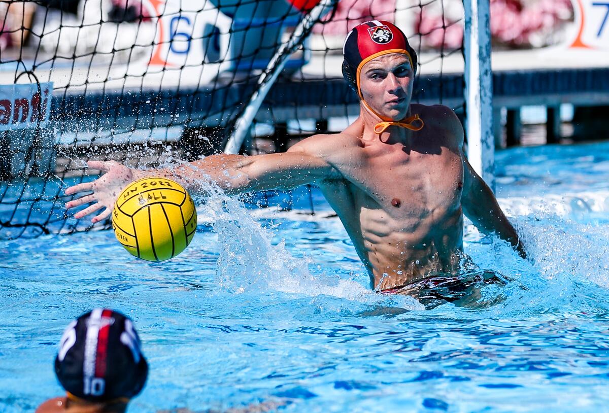 Harvard-Westlake's 6-foot-6 goalie Baxter Chelsom makes a save against St. Francis.