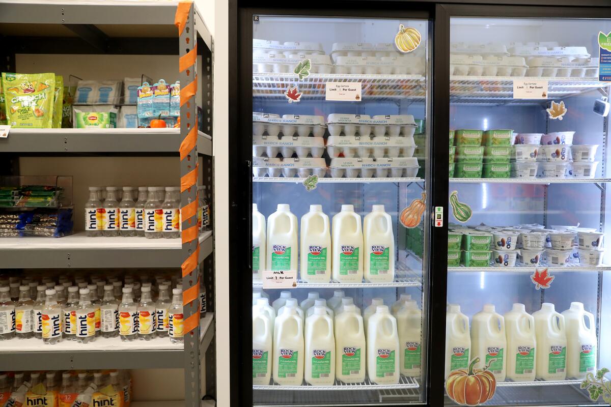 Dairy products stored in a refrigerator at the newly opened Titan Student Union food pantry at Cal State Fullerton.