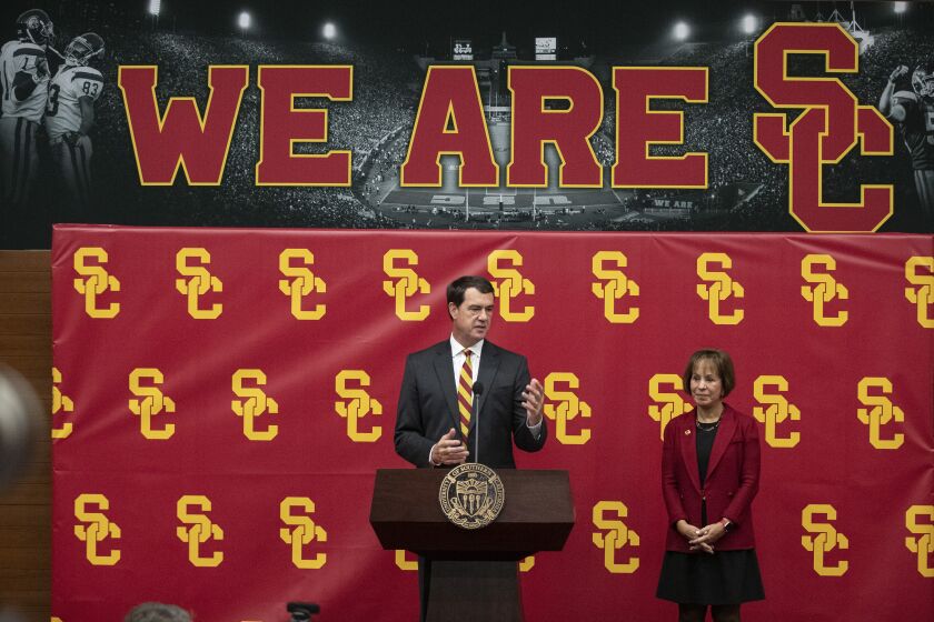 Brian van der Brug  Los Angeles Times MIKE BOHN, introduced by USC President Carol L. Folt as the new athletic director this month, said “good programs finish strong.”