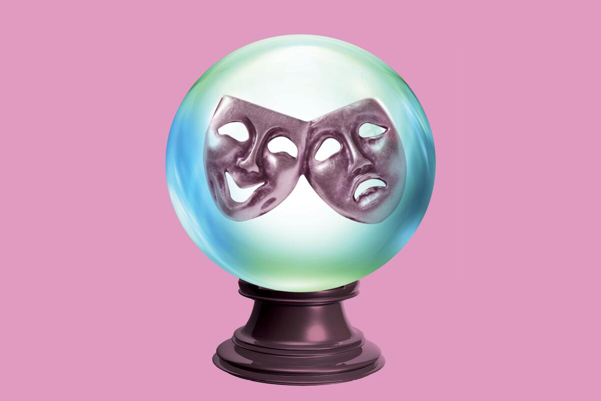 A crystal ball depicts the comedy and tragedy masks.