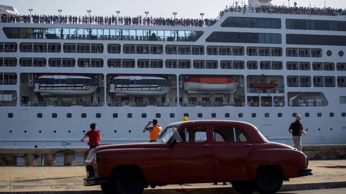 A 2016 file photo, shows the a Carnival cruise ship arriving in Havana, Cruises are banned from Cuba under new regulations.