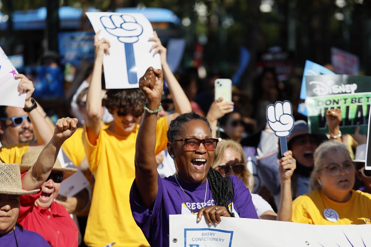 Hundreds of Disney workers rally for better wages outside Disneyland as the theme park marked its 69th birthday.