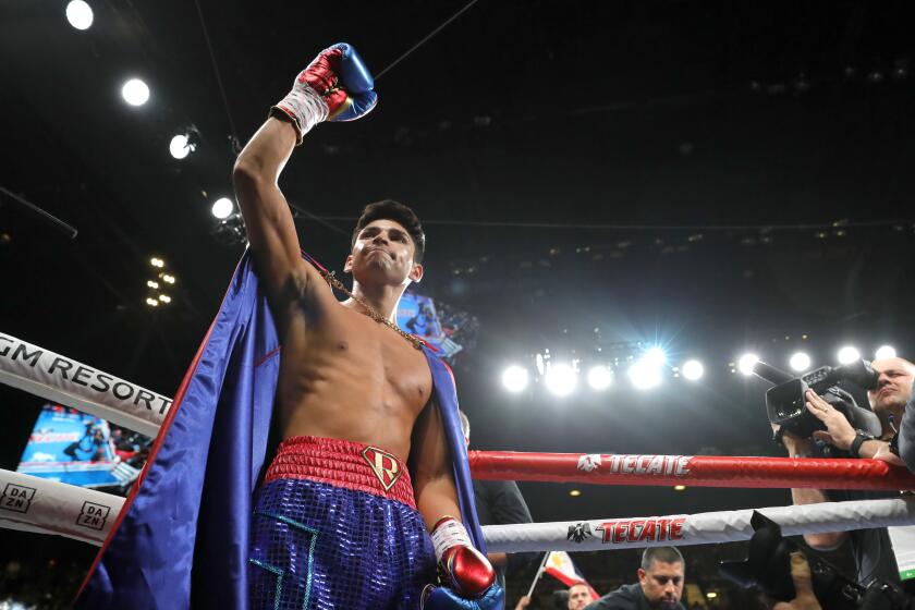 LAS VEGAS, NEVADA - NOVEMBER 02: Ryan Garcia makes his ring entrance for a lightweight fight against Romero Duno at MGM Grand Garden Arena on November 2, 2019 in Las Vegas, Nevada. Garcia won with a first-round TKO. (Photo by Steve Marcus/Getty Images)