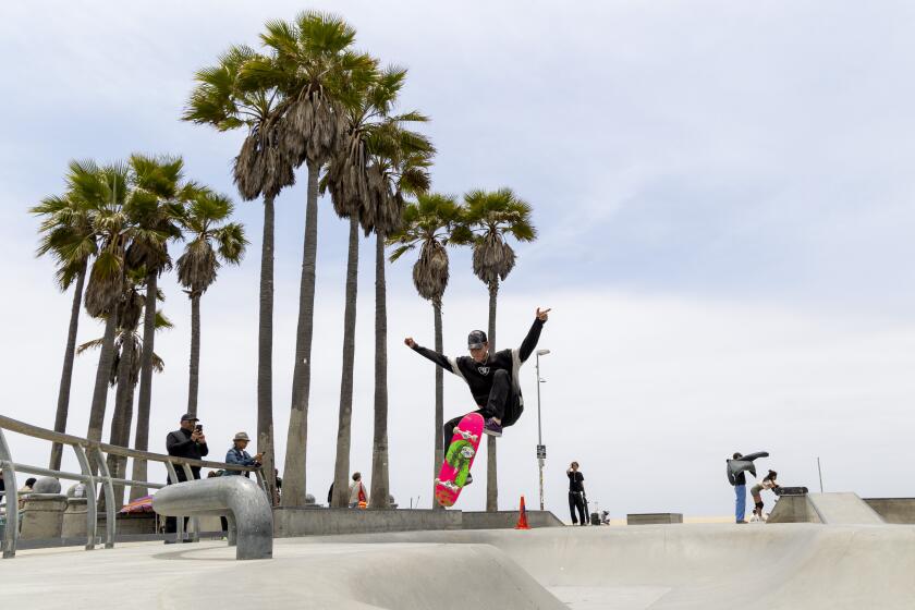 Los Angeles, CA - June 03: Skateboarder enjoys the Venice Beach Skatepark in Los Angeles, CA. (Zoe Cranfill / Los Angeles Times)