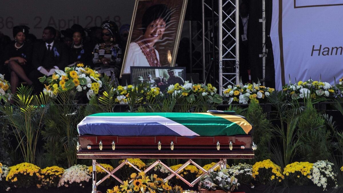 The coffin of Winnie Madikizela-Mandela on the stage at Orlando Stadium in Soweto for her funeral Saturday.