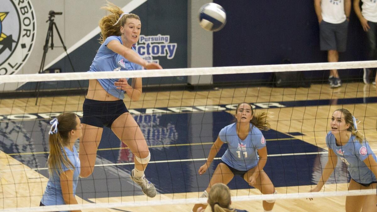 Kendall Kipp, pictured hitting the ball at Newport Harbor High on Sept. 14, 2017, led Corona del Mar High to the Tartar Classic title at Torrance High on Sept. 15.