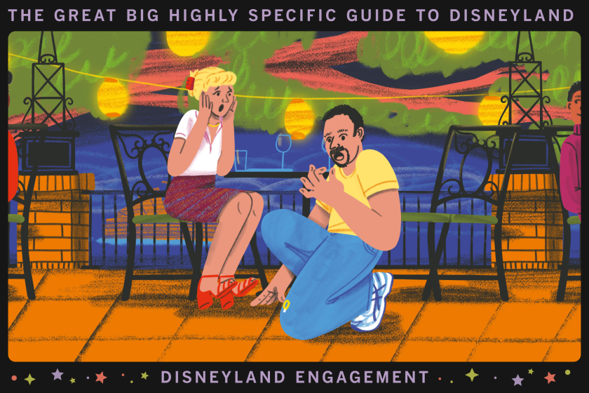 Illustration of a couple's waterfront proposal at Disneyland