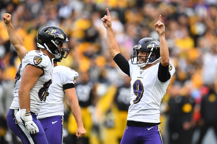 PITTSBURGH, PA - OCTOBER 06: Justin Tucker #9 of the Baltimore Ravens celebrates his game winning 46 yard field goal against the Pittsburgh Steelers at Heinz Field on October 6, 2019 in Pittsburgh, Pennsylvania. Baltimore won the game 26-23 in overtime. (Photo by Joe Sargent/Getty Images)