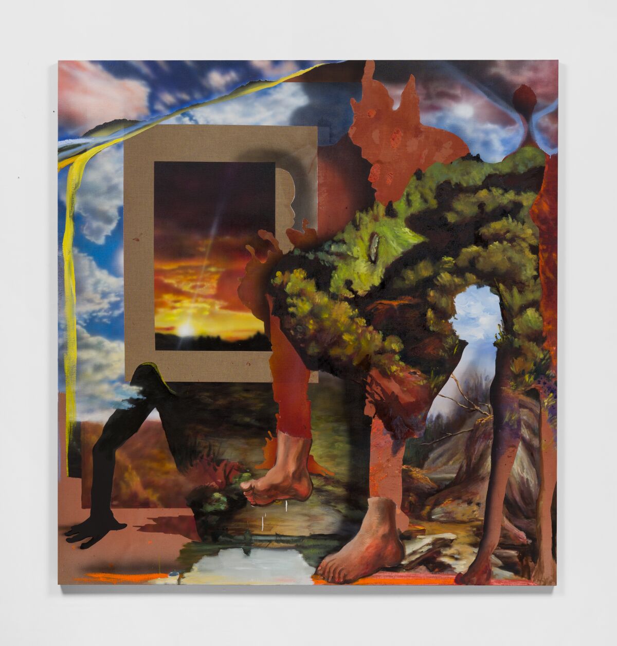 A painting with silhouetted body parts, trees and a sunset in front of a blue sky with puffy white clouds.