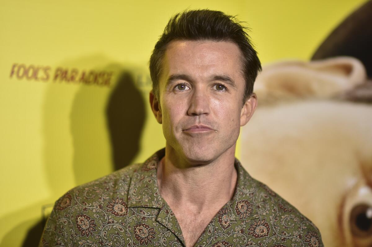 Rob McElhenney poses in a patterned, collared shirt against a yellow background.