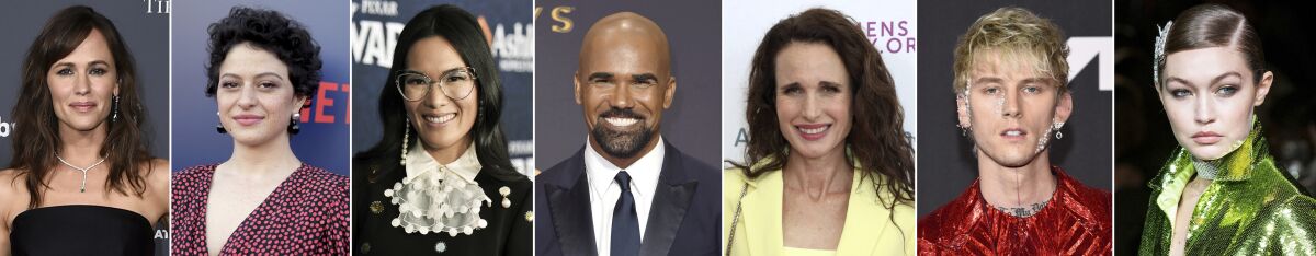 This combination photo of celebrities with birthdays from April 17 - April 23 shows Jennifer Garner, from left, Ali Wong, Alia Shawkat, Shemar Moore, Andie MacDowell, Machine Gun Kelly, and Gigi Hadid. (AP Photo)