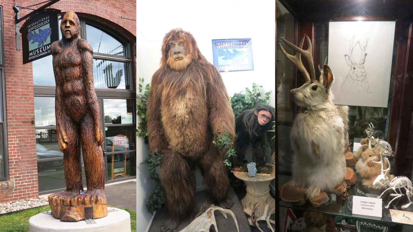 From left: A statue of Bigfoot outside the International Cryptozoology Museum; renderings of Bigfoot and an Orang Pendek ("wild short man") of Sumatra; and fake cryptids, including a "jackalope," a jackrabbit with antelope horns.