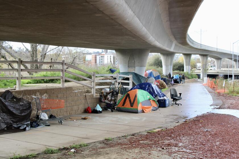 Homeless encampments in Mission Valley, San Diego.