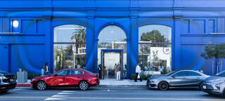 A Meta glasses shadow decorates the outside of the Meta Lab that is open in West Hollywood.