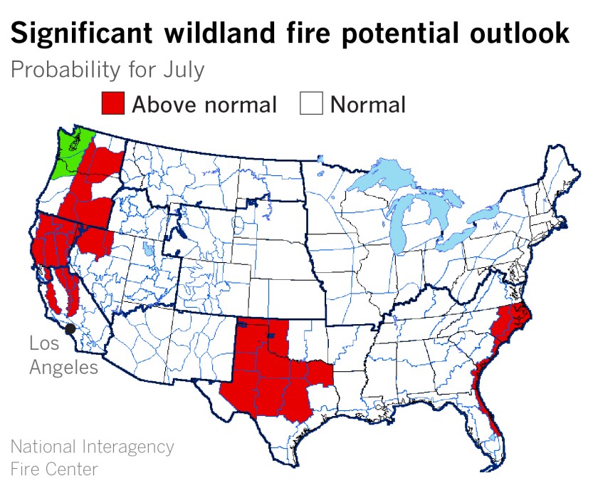 A map the U.S. shows wildfire potential.