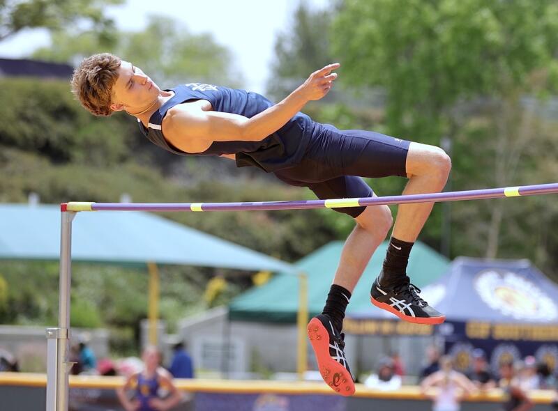 Sherman Oaks Notre Dame junior JJ Harel competes in high jump at the Southern Section Masters Meet.