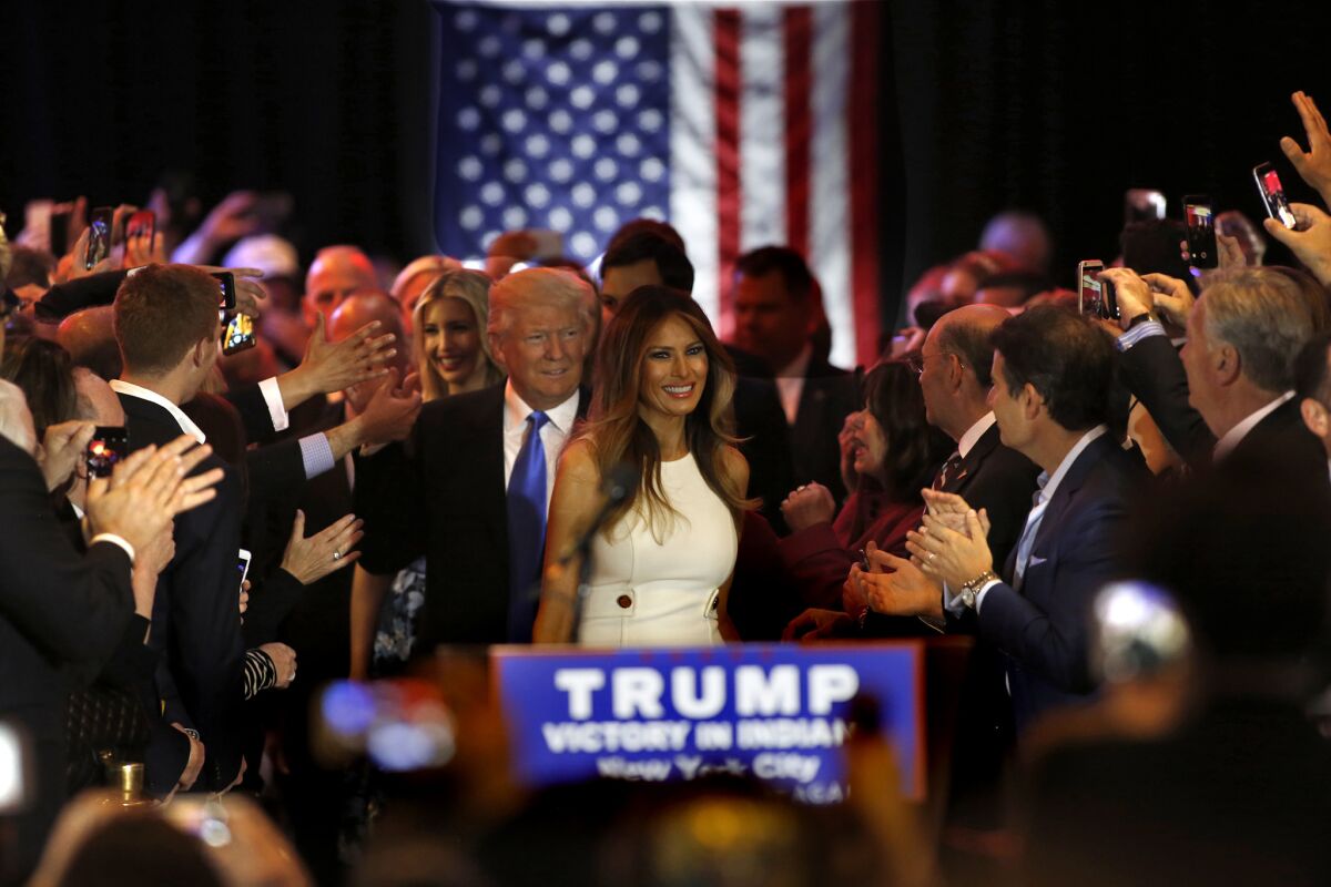 Melania and Donald Trump greet supporters and the media after his victory in the Indiana primary.