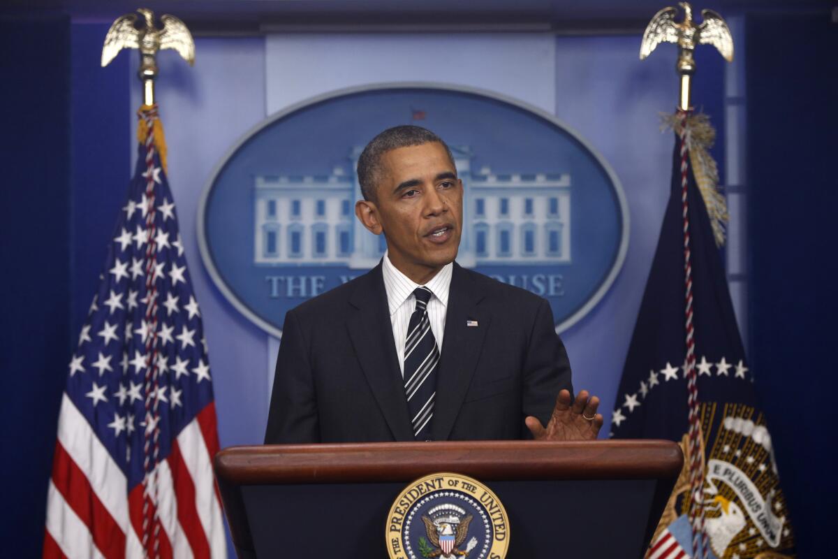 President Obama speaks in the James Brady Press Briefing Room at the White House in Washington.